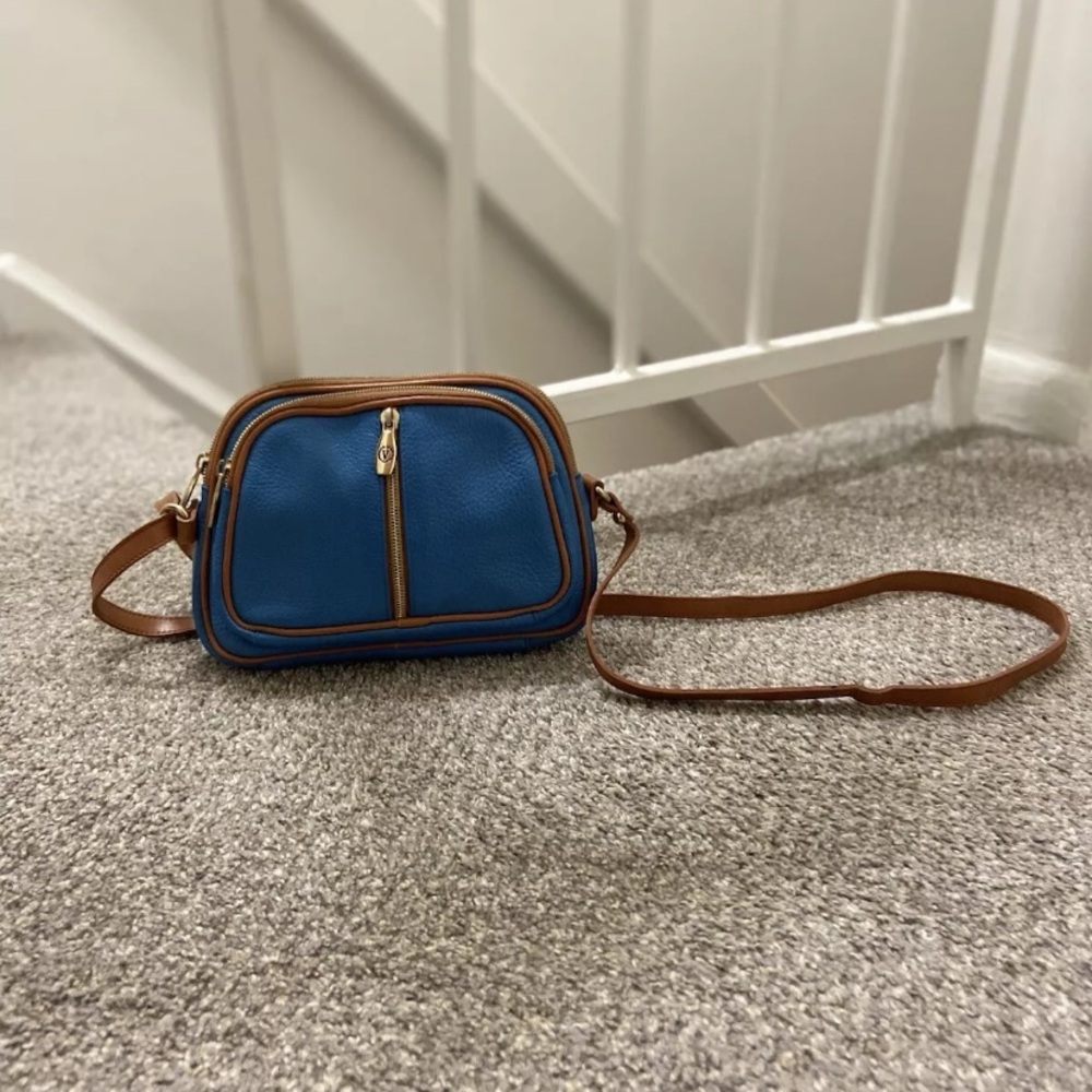VALENTINA Genuine Leather Crossbody Purse Blue And Tan Made In Italy